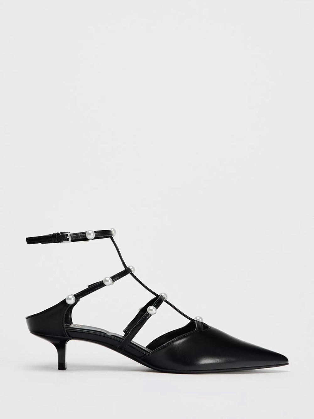 Black Pearl-Accent Pointed Kitten Heel Pumps